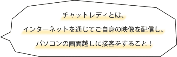 チャットレディとは、インターネットを通じてご自身の映像を配信し、パソコンの画面越しに接客をすること！